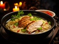 Traditional asian ramen noodle soup with sliced meat and vegetables.