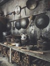 Traditional Asian style Kitchen interior with wok stove fire wood Royalty Free Stock Photo