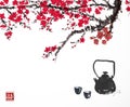 Traditional Asian tea ceremony. Teapot and cups under sakura tree. Traditional Japanese ink wash painting sumi-e Royalty Free Stock Photo
