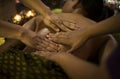 Traditional asian thai four hand massage in tropical spa