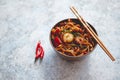 Traditional asian udon stir-fry noodles with shrimp