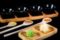 Traditional assortment of sushi, nigiri, sashimi platter, with black and white background Royalty Free Stock Photo