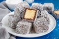 Traditional Australian Lamington cake in chocolate glaze and coconut flakes on a white plate on a blue concrete background Royalty Free Stock Photo