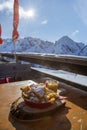 Traditional austrian pancakes on a winter terrace Royalty Free Stock Photo