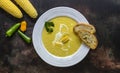 Traditional autumn spicy corn soup. Vegetarian cuisine Royalty Free Stock Photo