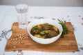 Traditional Azerbaijani Kufta bozbash - pea soup with lamb meatballs, made of minced meat and rice, zesty dried plum inside and