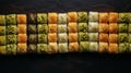 Traditional baklava assortment with pistachios from Turkey and the Arab world. copy space, top view. Banner