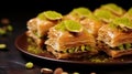 Traditional baklava assortment with pistachios from Turkey and the Arab world. sweets for Ramadan. above, wit