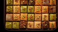 Traditional baklava assortment with pistachios from Turkey and the Arab world. sweets for Ramadan. above, wit