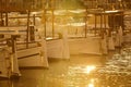 Traditional balearic boats. Soller harbor at sunset. Llauts. Mallorca island