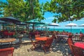 Traditional Bali cafe with decorated umbrellas, Indonesia