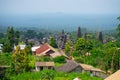 Traditional Balinese houses and temples with panoramic view at jungle, tropical rain forest and mountains, Ubud, island Bali, Royalty Free Stock Photo