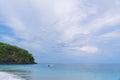 Traditional Balinese wooden fishing boat in the sea against the blue sky. Beaches of Bali. Rest in a heavenly place. Royalty Free Stock Photo