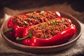 Traditional balkan dish, bell pepper or paprika filled with minced meat, generative ai