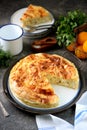 Traditional Balkan filo pastry pie with cottage cheese, sheepÃ¢â¬â¢s cheese and yogurt mixed with chicken eggs.