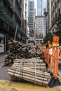 Traditional bamboo scaffolding with modern buildings in Hong Kong.