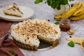 Traditional Banoffee pie with fresh bananas, whipped cream, chocolate, coffee and toffee. No baking dessert.