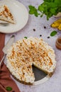 Traditional Banoffee pie with fresh bananas, whipped cream, chocolate, coffee and toffee. No baking dessert. Vertical orientation