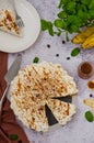 Traditional Banoffee pie with fresh bananas, whipped cream, chocolate, coffee and toffee. No baking dessert. Vertical orientation