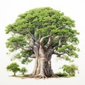 Realistic Baobab Tree Illustration With Green Leaves On White Background