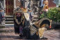 Traditional Barong dance with funny face mask and colourful dress to mimic hindu character from Ramayana during the morning in Royalty Free Stock Photo