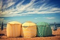 Traditional beach umbrellas, Deauville Trouville beach, Normandy, France Royalty Free Stock Photo