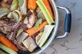 Traditional beef broth with vegetable, bones and ingredients in pot, cooking recipe