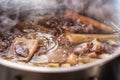 Traditional beef broth with vegetable, bones and ingredients in pot, cooking recipe