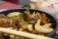 Traditional beef yakisoba. Japanese and Chinese Pasta