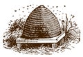 Traditional beehive or skep with swarming bees