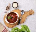 Traditional beetroot soup Borscht on cutting board on light background with sour cream and fresh herb Royalty Free Stock Photo