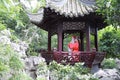 Chinese opera woman.Practicing Peking Opera in the Pavilion garden, Colorful, china Royalty Free Stock Photo