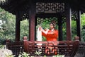 Chinese opera woman.Practicing Peking Opera in the Pavilion garden, Colorful, china Royalty Free Stock Photo