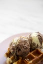 Traditional belgian waffle with lemon-chocolate icecream on pink plate, side view. Close-up. Copy space Royalty Free Stock Photo