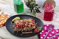 Traditional Belgian waffles with fresh fruit and whipped cream Royalty Free Stock Photo