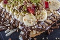 Traditional Belgian waffles with fresh fruit and whipped cream Royalty Free Stock Photo