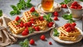 Traditional Belgian waffles with honey and strawberries