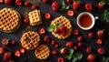 Traditional Belgian waffles with honey and strawberries serving baked sugar plate