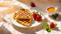 Traditional Belgian waffles with honey and strawberries serving baked sugar