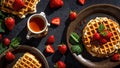 Traditional Belgian waffles with honey and strawberries serving baked