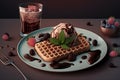 Traditional Belgian waffles with ice cream, chocolate and berry fruits on a dark background. Waffles sweet dessert. Menu concept Royalty Free Stock Photo