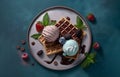 Traditional Belgian waffles with ice cream, chocolate and berry fruits on a dark background. Waffles sweet dessert. Menu concept, Royalty Free Stock Photo