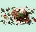 Traditional Belgian waffles with ice cream, chocolate and berry fruits on light blue background. Waffles sweet dessert. Menu Royalty Free Stock Photo