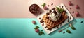 Traditional Belgian waffles with ice cream, chocolate and berry fruits on a trendy background. Waffles sweet dessert. Menu concept Royalty Free Stock Photo