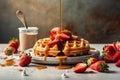 Traditional Belgian waffles pouring caramel. Delicious food. Horizontal . Space for text