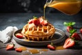 Traditional Belgian waffles with strawberries pouring caramel from jar. Delicious food. Horizontal