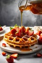 Traditional Belgian waffles with strawberries pouring honey. Delicious food. Space for advertising