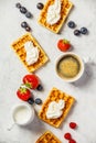 Traditional belgian waffles with whipped cream and fresh fruits Royalty Free Stock Photo