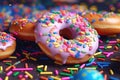 Traditional Berliner for carnival and party. German Krapfen or donuts with streamers and confetti. Colorful carnival or birthday Royalty Free Stock Photo