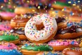 Traditional Berliner for carnival and party. German Krapfen or donuts with streamers and confetti. Colorful carnival or birthday Royalty Free Stock Photo